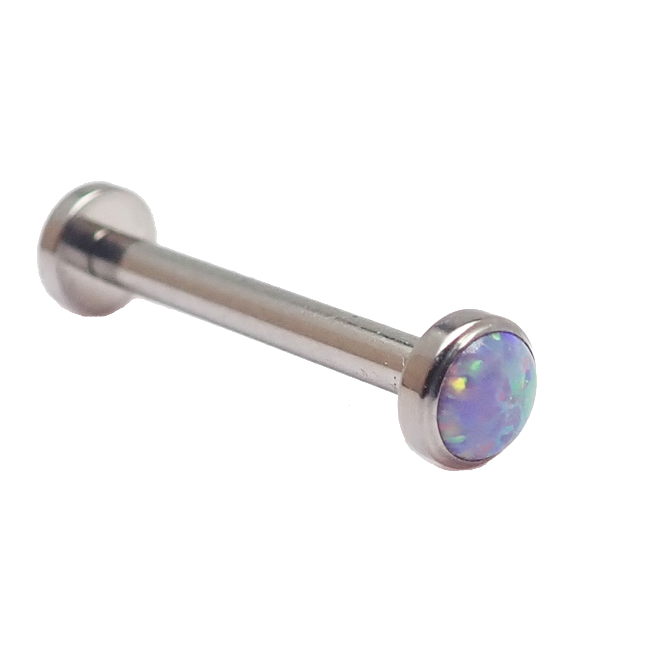 Body Clickers straight push fit barbell with opal ends in 12g, 14g, 16g, featuring blue opal accents for body jewelry piercing.