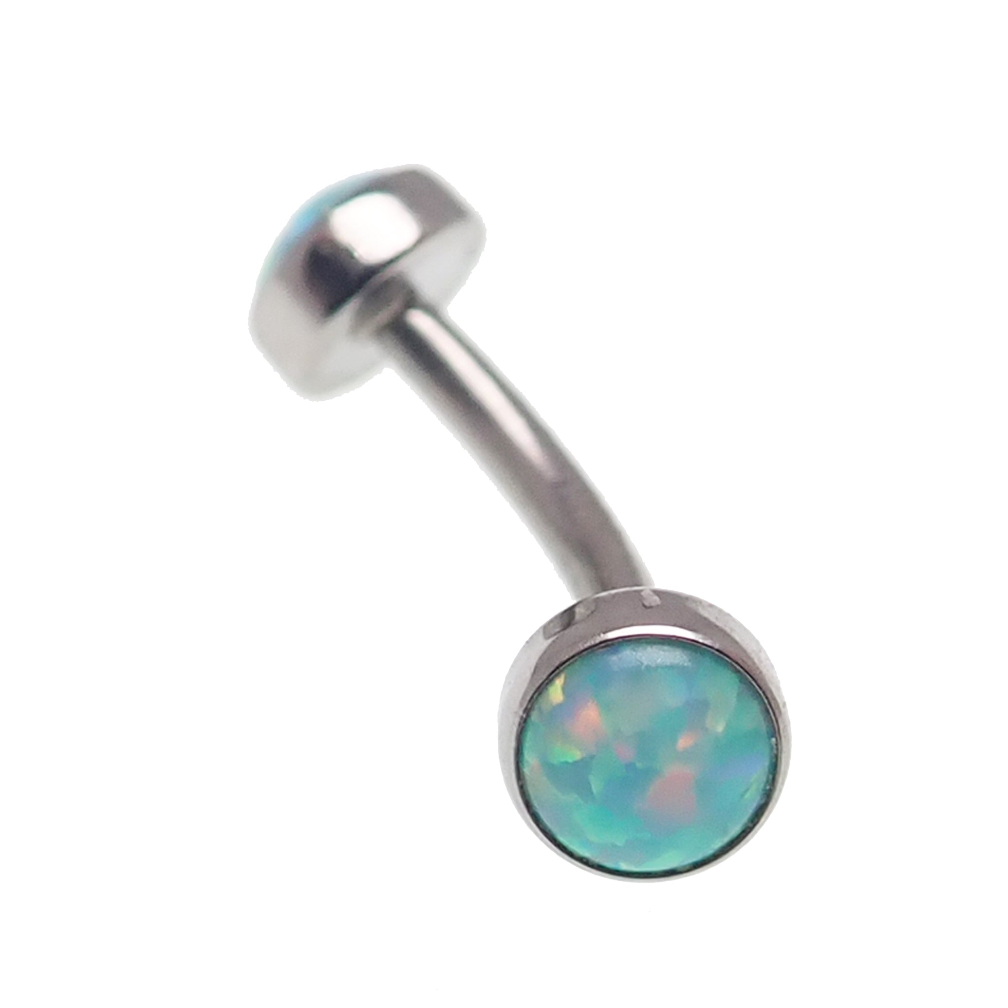 Opal push-fit curved body jewelry by Body Clickers in cornflower blue, available in 14g and 16g sizes.