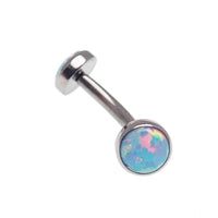 Blue opal body jewelry by Body Clickers, 14g and 16g push fit curve earrings with 10mm opal stones.