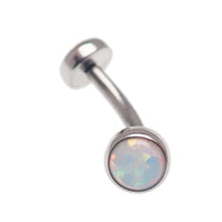 Body Clickers opal push fit curve body jewelry in cornflower blue, available in 14g and 16g with 10mm opal accents.