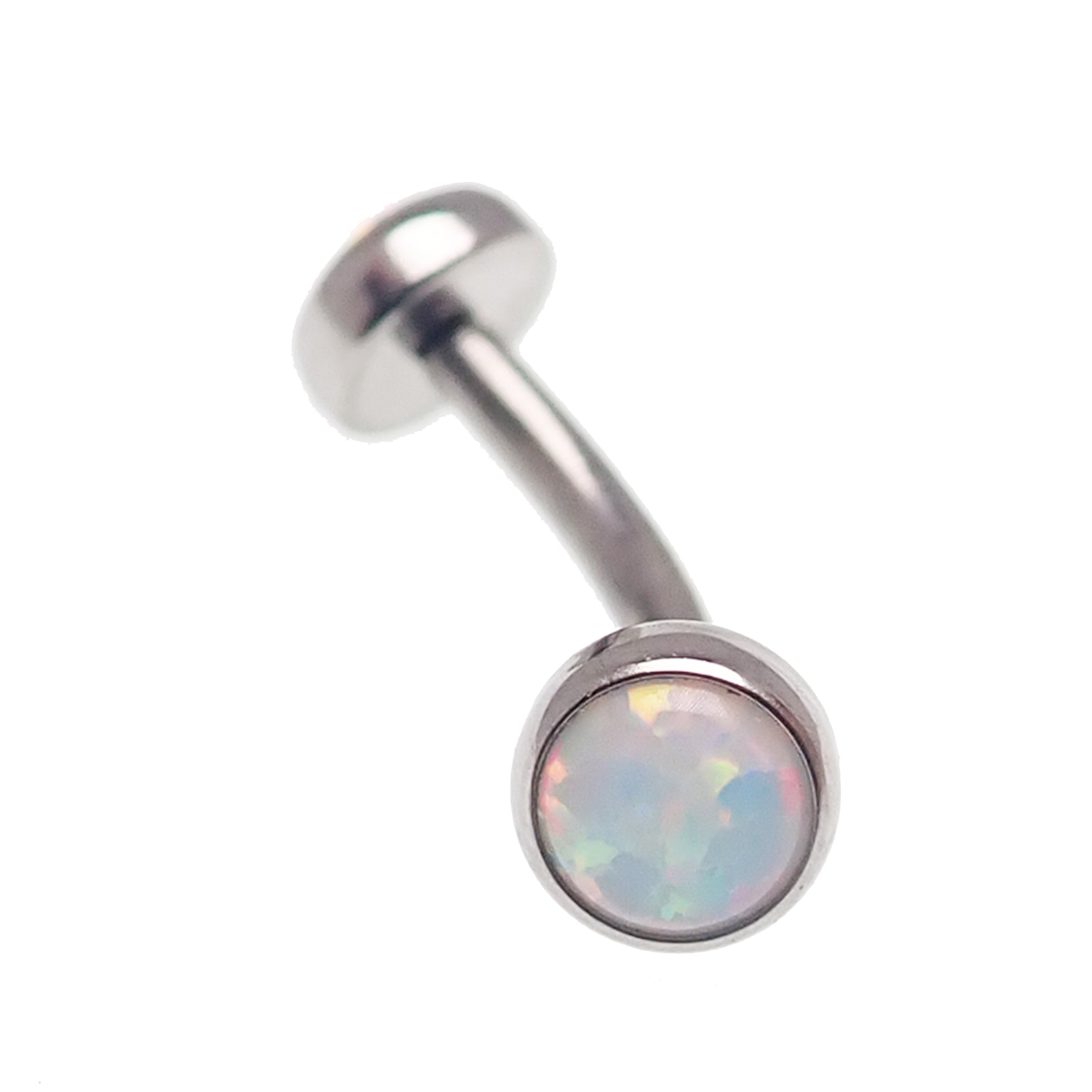 Body Clickers opal push fit curve body jewelry in cornflower blue, available in 14g and 16g with 10mm opal accents.