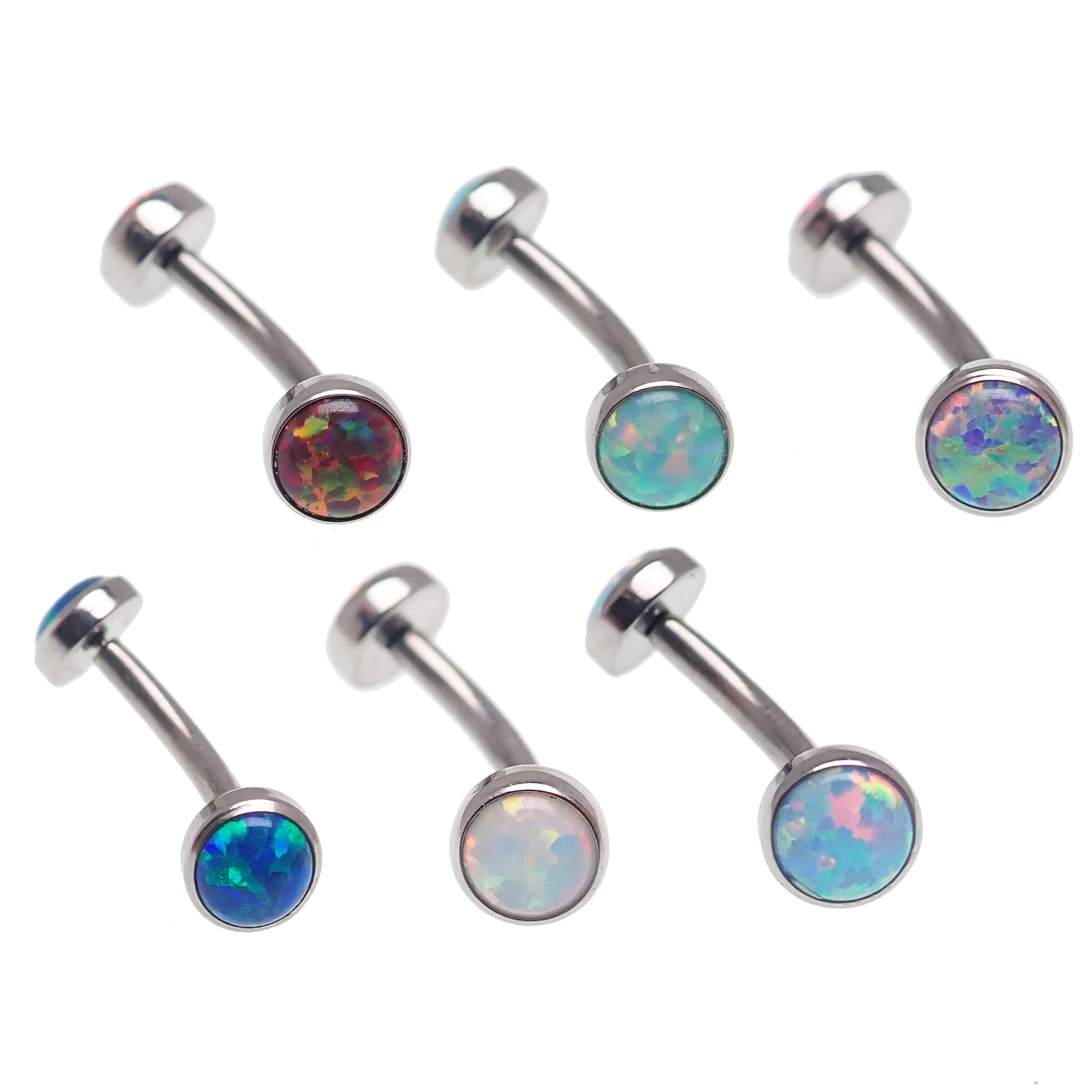 Opal push fit curve body jewelry by Body Clickers in 14g and 16g, featuring blue opal stones and curved design.