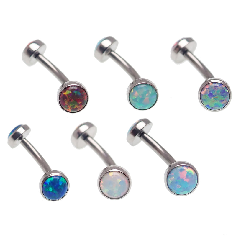 Opal push fit curve body jewelry by Body Clickers in 14g and 16g, featuring blue opal stones and curved design.