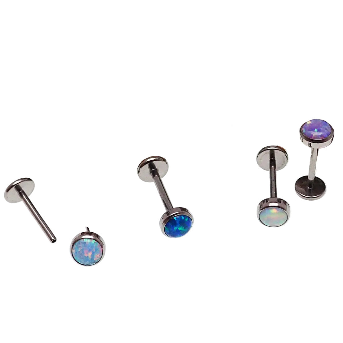 Fire opal 4mm push fit flat back body jewelry in cornflower blue, 16g and 18g from Body Clickers.