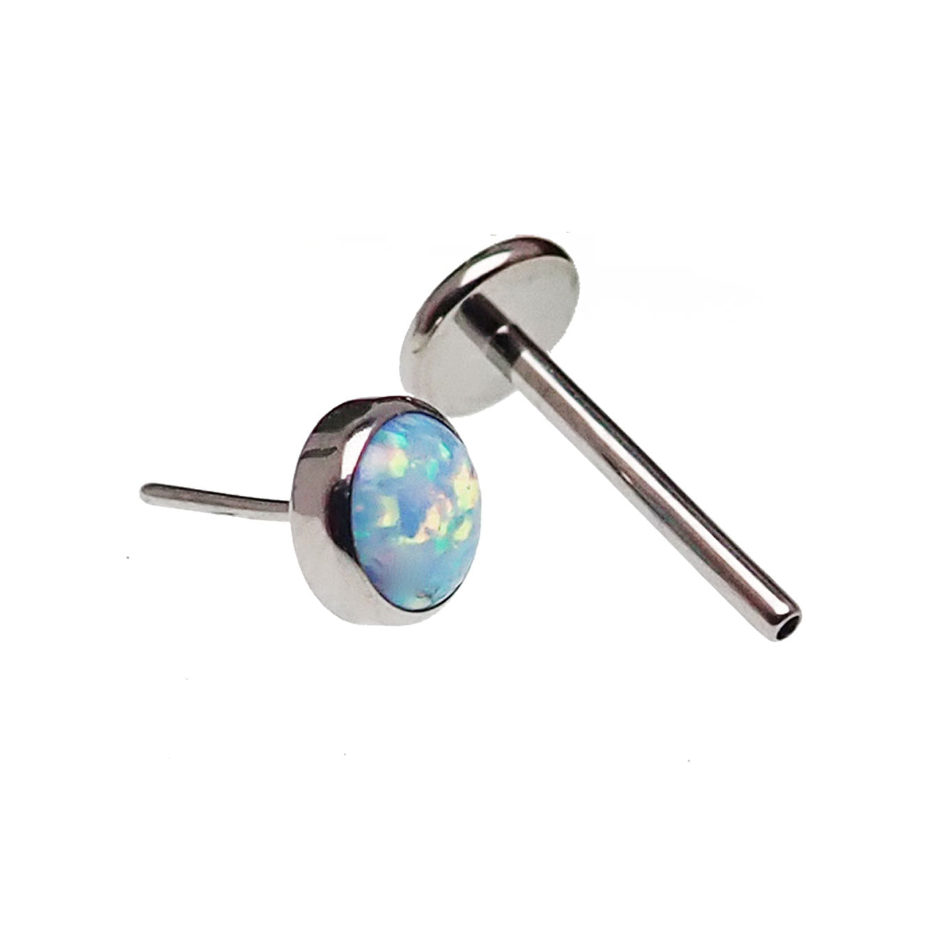 Blue Fire Opal 4mm push fit flat back body jewelry in 16g and 18g, featuring a sleek design by Body Clickers.