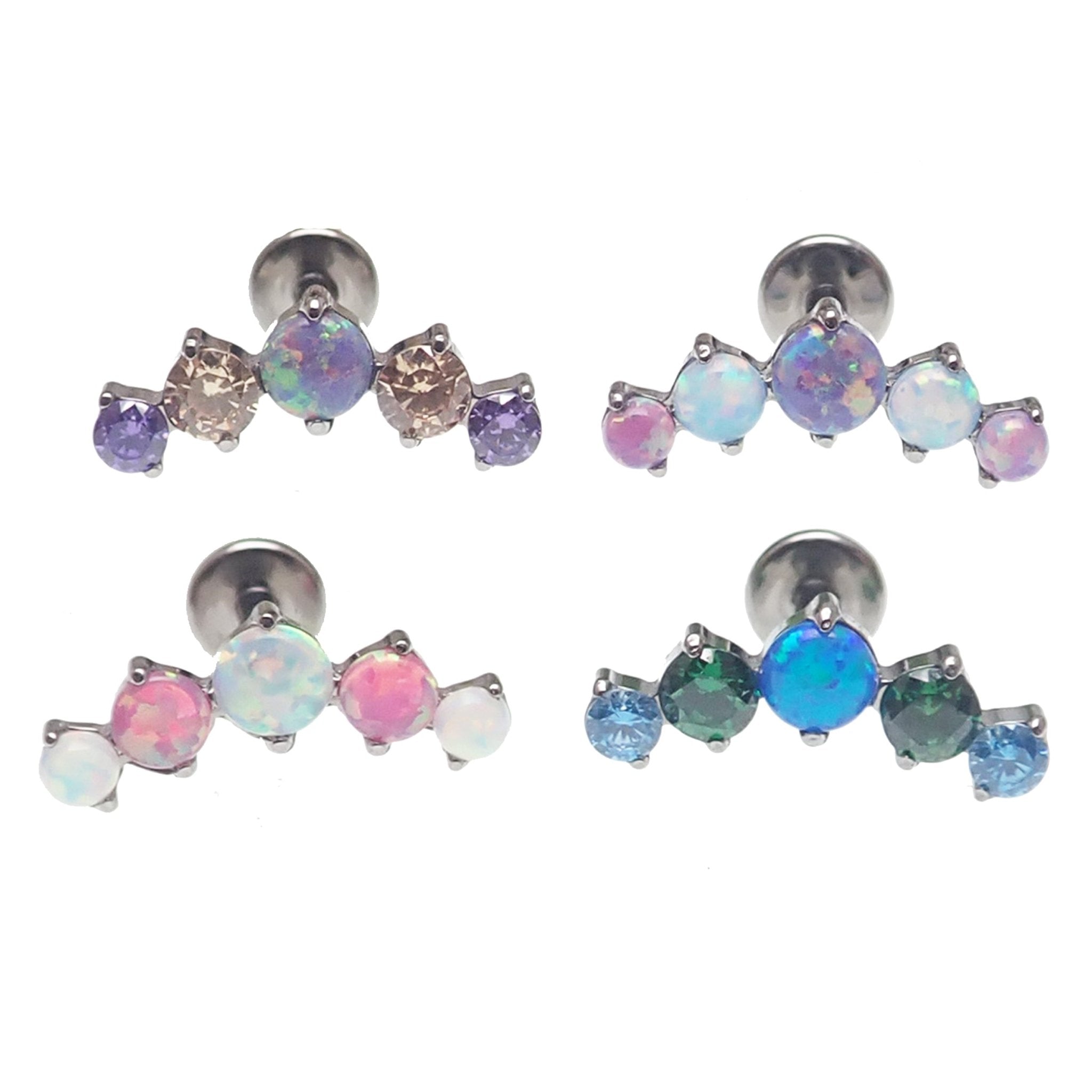 Opal CZ Blaze-Set Cluster Flatback Labret body jewelry in 14g, 16g, 18g with colorful opal and crystal accents by Body Clickers.