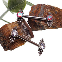Body Clickers clear and red CZ beaded cluster barbell, 14g and 16g body jewelry for nipples, threadless titanium push-fit design.