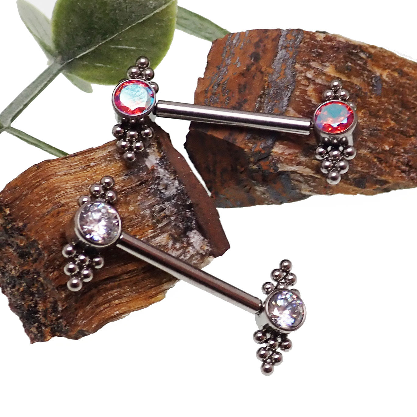 Body Clickers clear and red CZ beaded cluster barbell, 14g and 16g body jewelry for nipples, threadless titanium push-fit design.