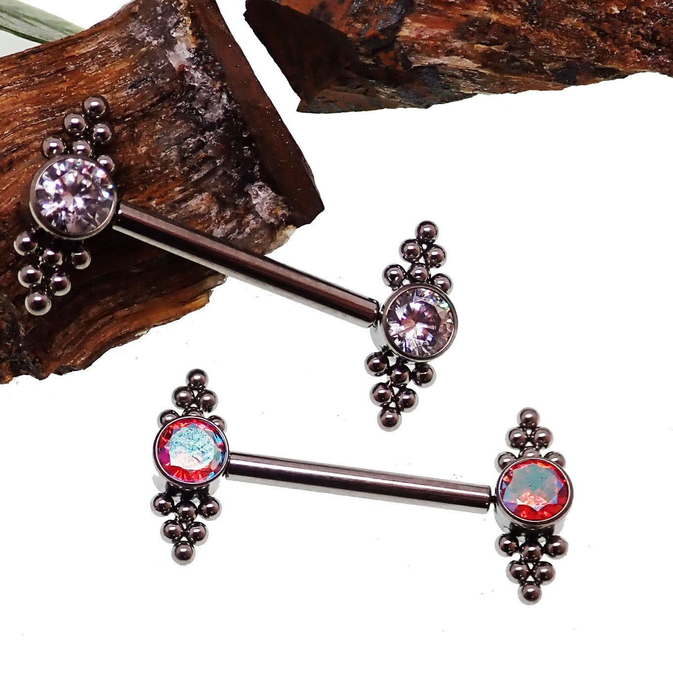 Body Clickers clear and red CZ beaded cluster barbell for body jewelry, available in 14g and 16g with threadless titanium push fit.