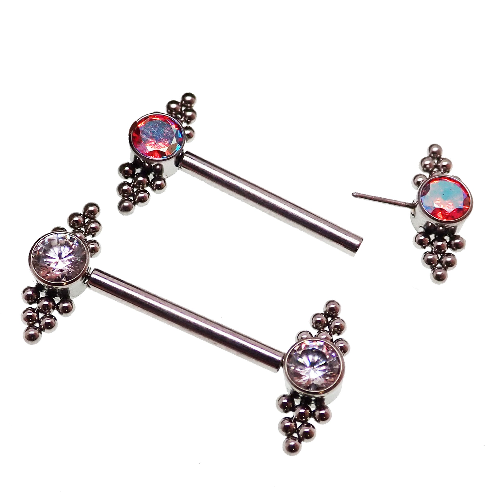 Body Clickers clear and red CZ beaded cluster barbell, 14g or 16g, for body jewelry, with threadless titanium push-fit design.