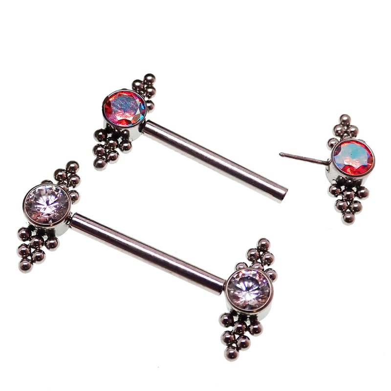 Body Clickers clear and red CZ beaded cluster barbell, 14g or 16g, for body jewelry, with threadless titanium push-fit design.