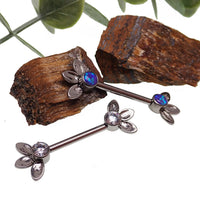 Body Clickers three-leaf nipple push fit bar in 14g and 16g with crystal CZ accents, 12mm length, body jewelry.
