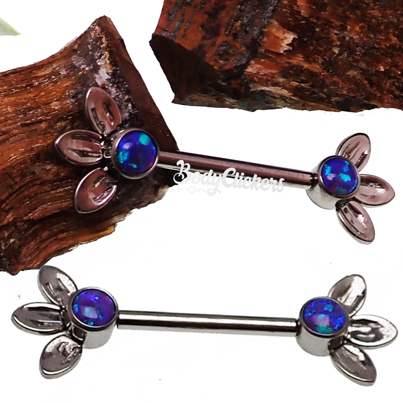 Body Clickers three-leaf nipple push fit bar in 14g and 16g, featuring crystal accents and 12mm length, body jewelry.
