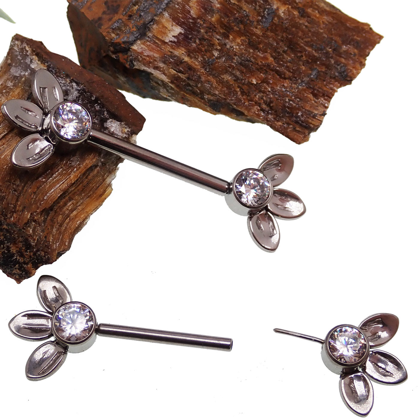 Body Clickers three-leaf nipple push fit bar in 14g and 16g with crystal CZ stones, curved bar for body jewelry piercing.