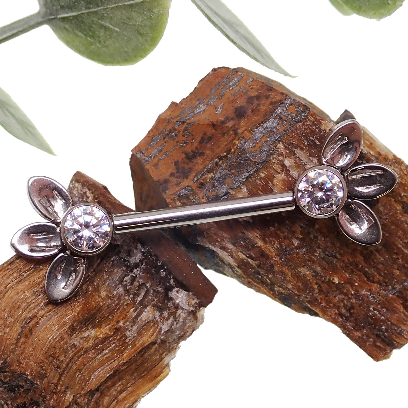 Body Clickers three-leaf nipple push fit bar in 14g and 16g with crystal CZ accents, body jewelry for pierced nipples.