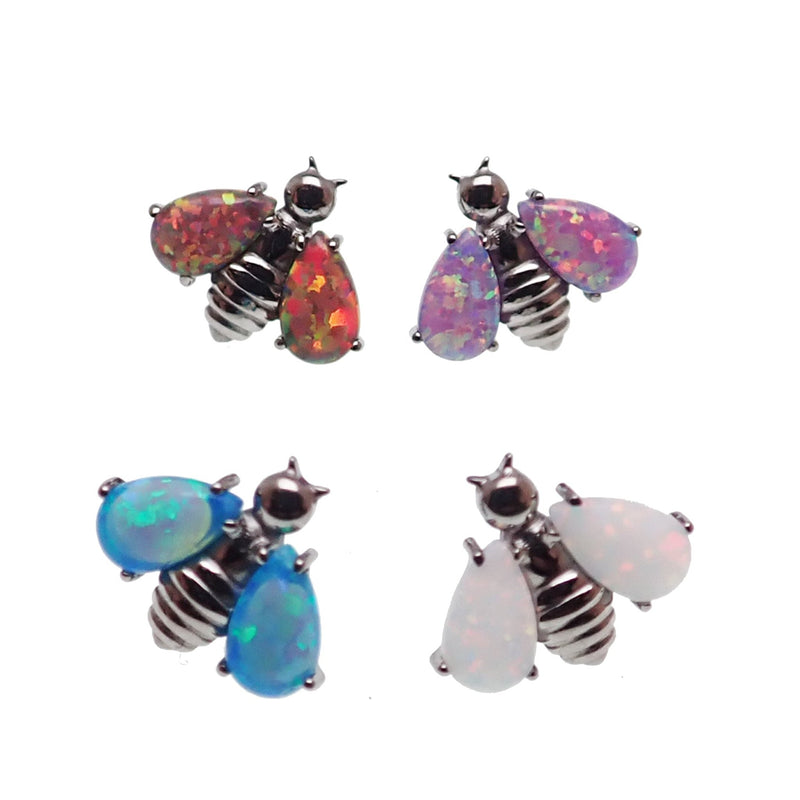 Dark cherry Opal Bee titanium body jewelry in flat back style, available in 14g, 16g, and 18g gauges.