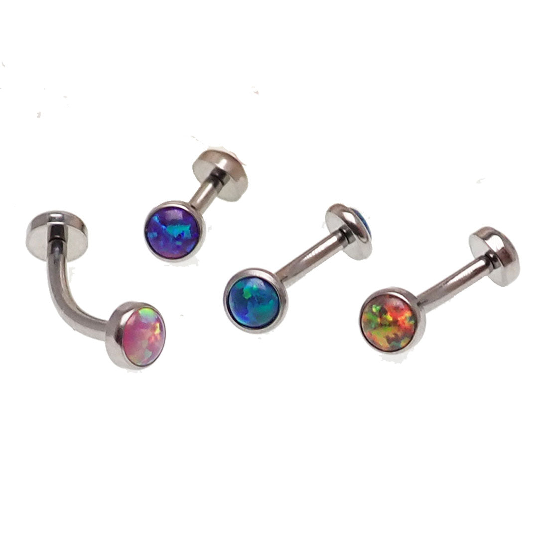 Dark cherry curved cabochon opal barbell body jewelry in 16g with 3mm to 6mm stones, from Body Clickers.