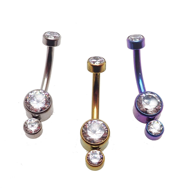 14g Body Clickers titanium belly bar with three CZ stones, 10mm length, body jewelry for navel piercing with sparkling accents.