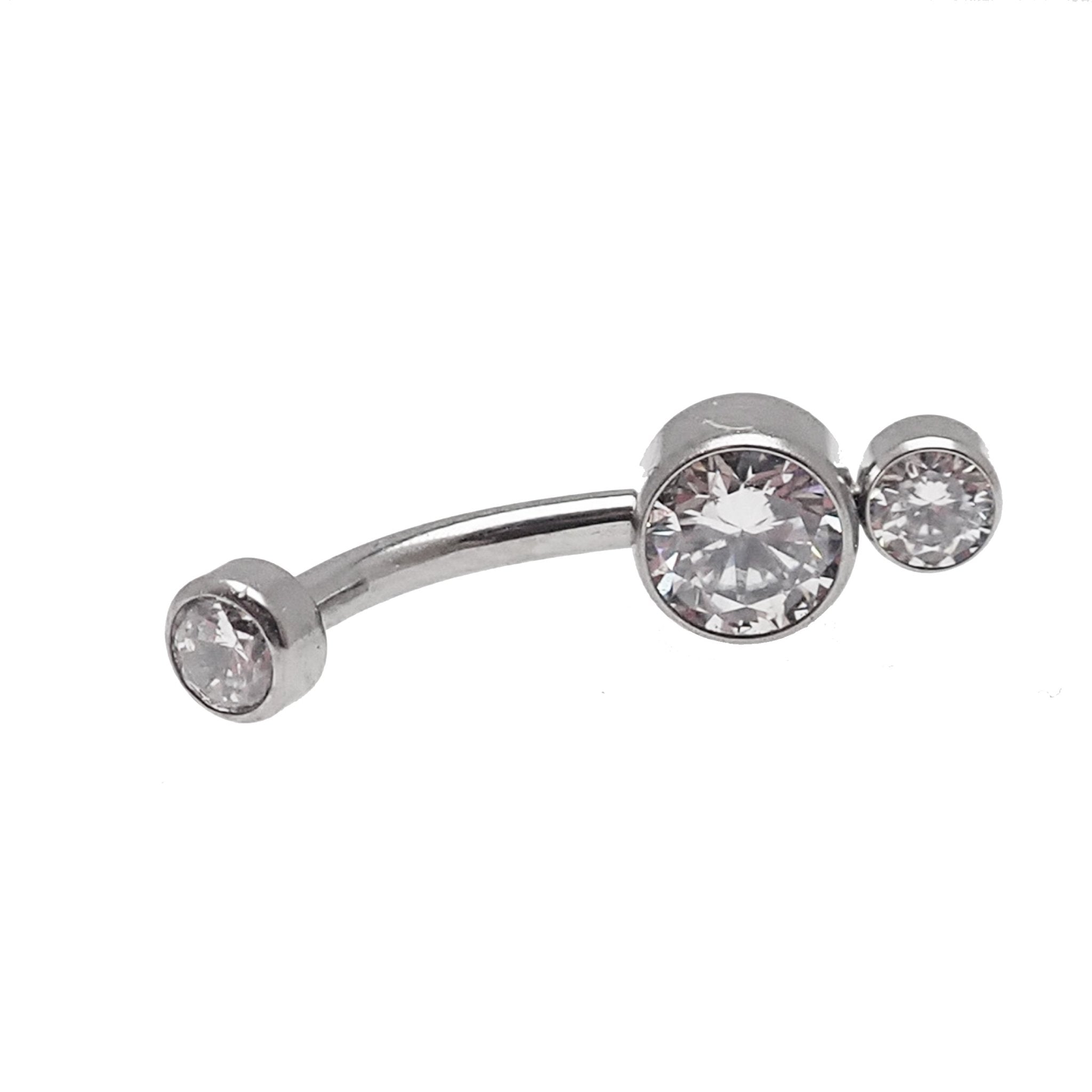 14g titanium belly bar with three CZ stones and 10mm bar from Body Clickers body jewelry collection.