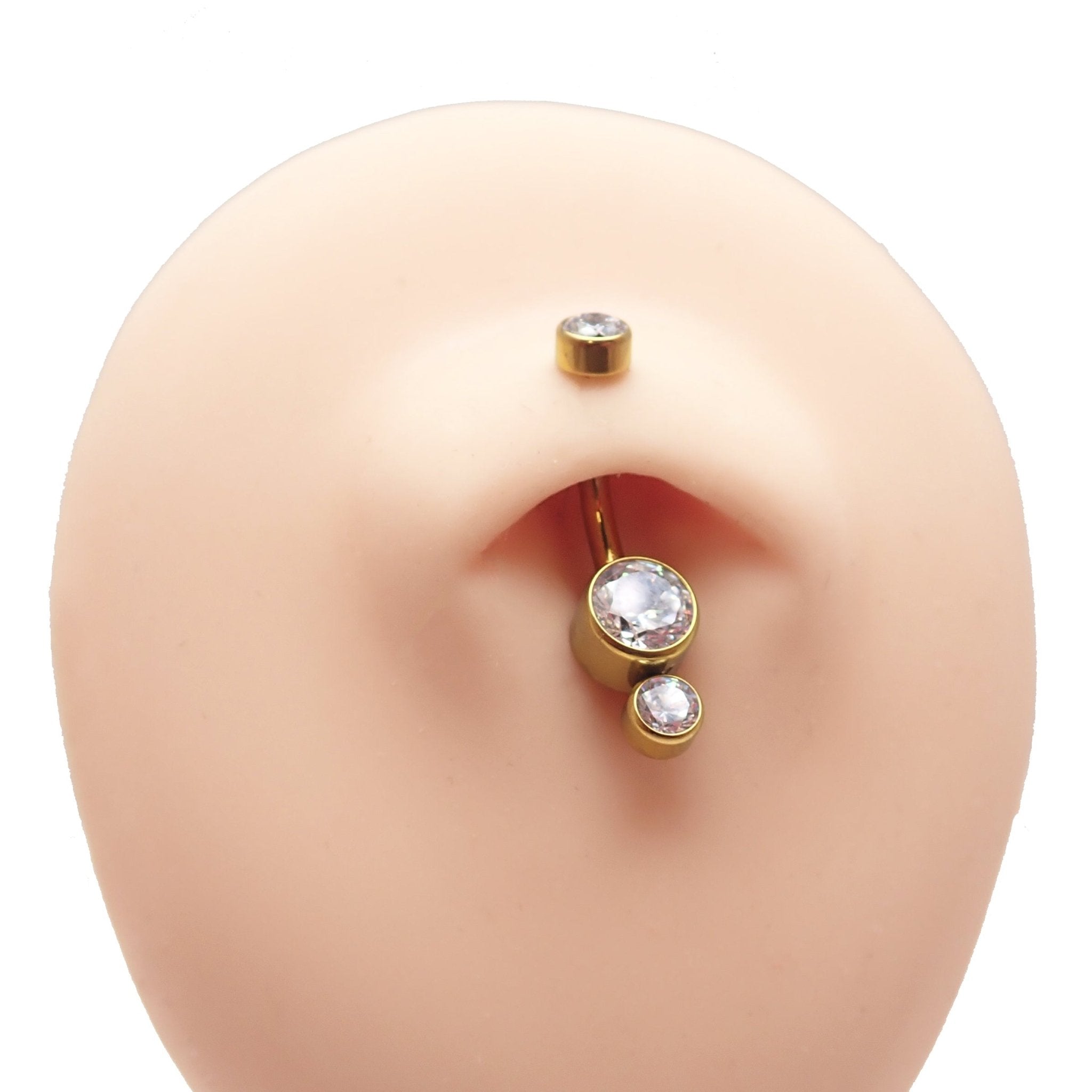 14g Titanium Belly Bar with three CZ stones, 10mm body jewelry, by Body Clickers, featuring a sleek and polished design.
