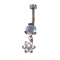Titanium flower dangle belly bar by Body Clickers, 14g body jewelry with floral design and 10mm length.
