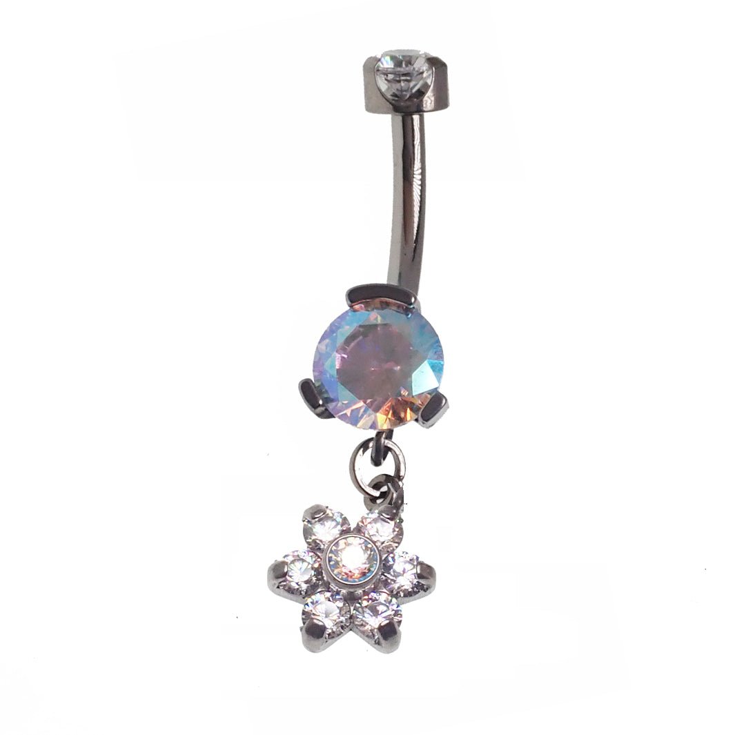 Titanium flower dangle belly bar by Body Clickers, 14g body jewelry with floral design and 10mm length.