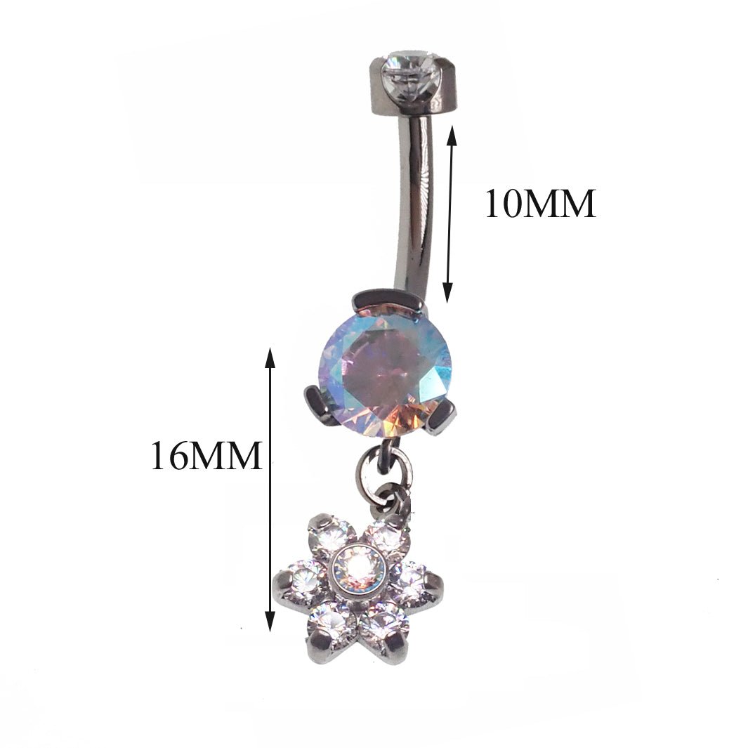 Body Clickers AB and CZ dangle belly bar jewelry in 14g with multiple sizes, featuring sparkling stones and a stylish design.