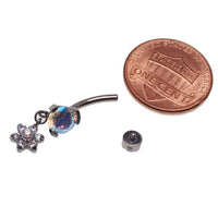 Body Clickers AB & CZ Dangle Belly Bar 14g body jewelry with sparkling CZ stones and dangling design for belly piercing.