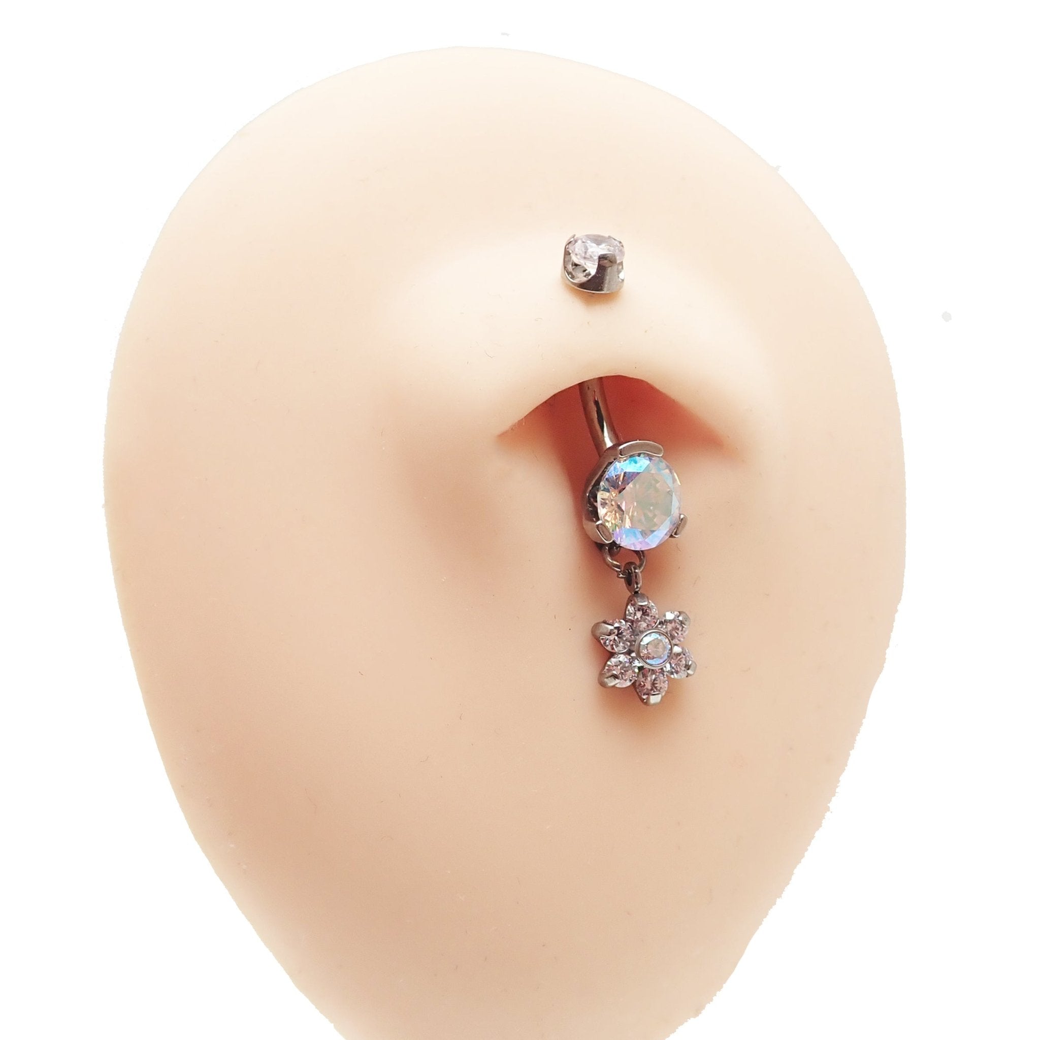 Silver AB & CZ dangle belly bar body jewelry by Body Clickers with sparkling cubic zirconia stones on a 14g bar.