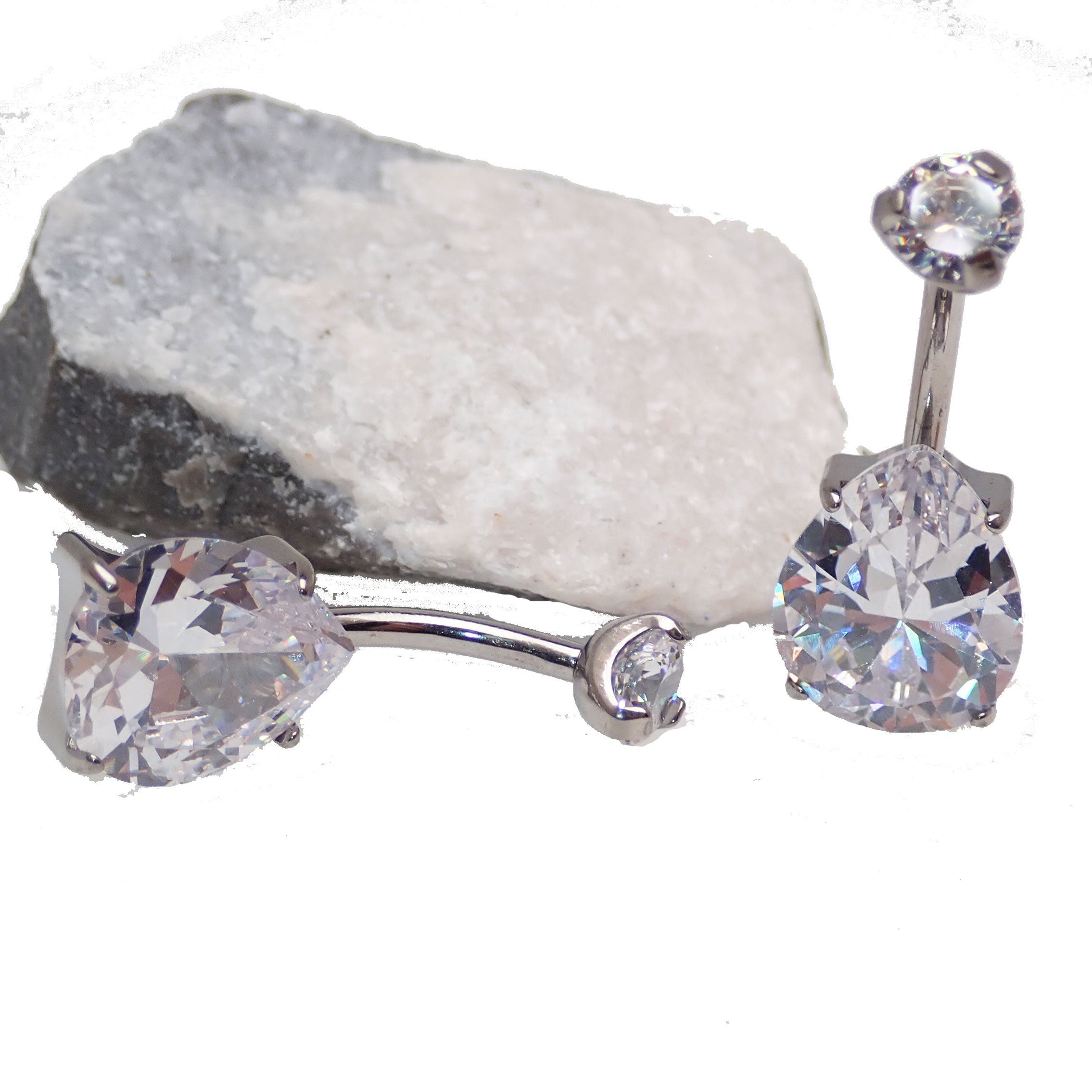 Clear teardrop CZ belly ring in 14g body jewelry by Body Clickers, featuring a sparkling teardrop-shaped cubic zirconia.
