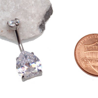 Clear teardrop CZ belly ring for body jewelry, 14g, featuring a sparkling teardrop-shaped cubic zirconia from Body Clickers.
