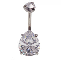 Clear teardrop CZ belly ring by Body Clickers, 14g body jewelry with a sparkling teardrop-shaped crystal design.