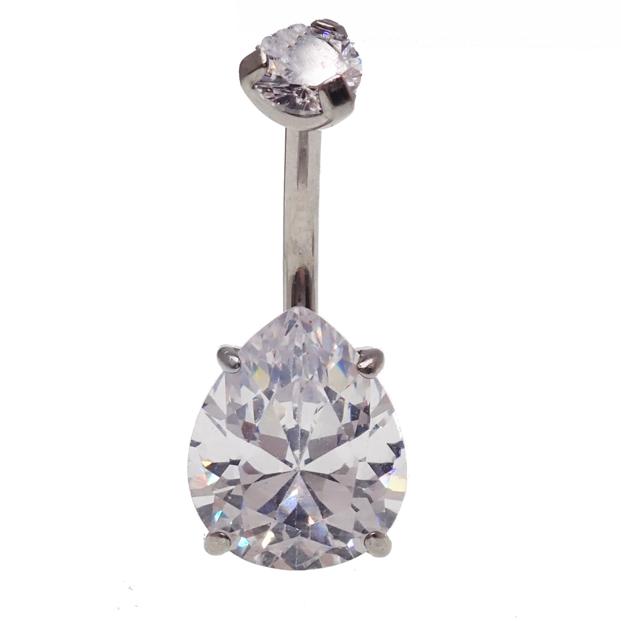 Clear teardrop CZ belly ring by Body Clickers, 14g body jewelry with a sparkling teardrop-shaped crystal design.