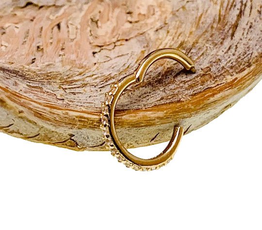 CZ 14k gold hinged clicker ring body jewelry with a 16g gauge and secure clasp, designed for piercings and body adornment.