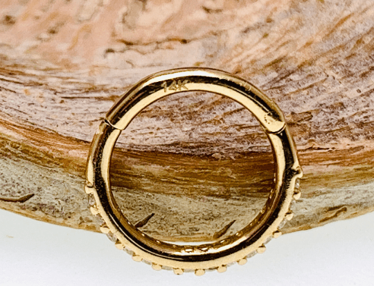 CZ 14k gold hinged clicker ring, 16g body jewelry with a sleek design, perfect for piercing and stylish body adornment.