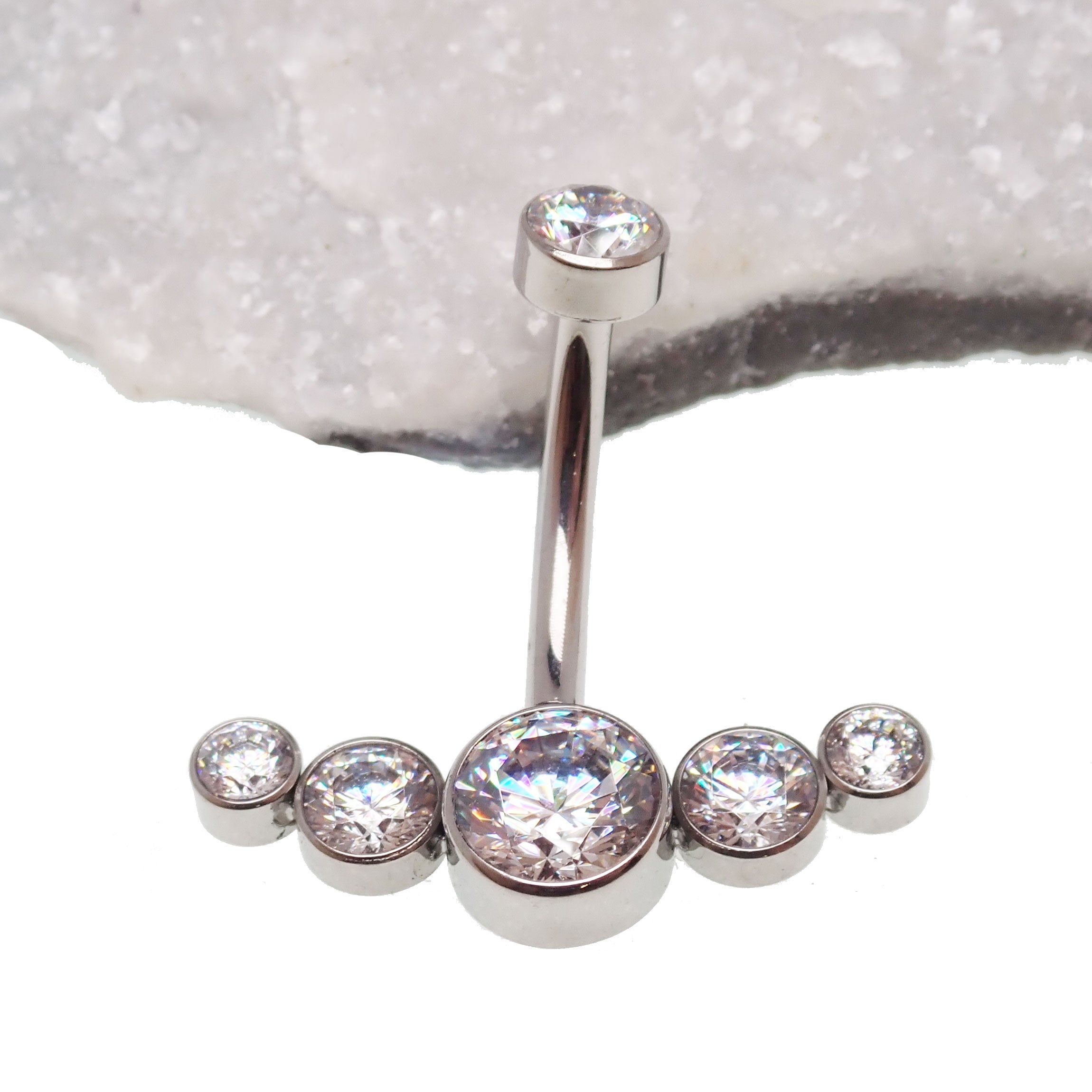 Body Clickers CZ cluster belly ring in 14g body jewelry with multiple sparkling stones and a decorative design.