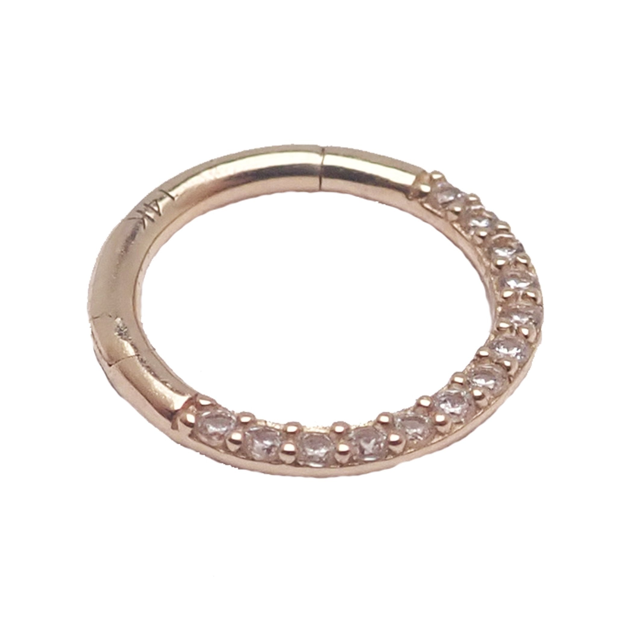 CZ Crystal 14k gold hinged clicker body jewelry with 8mm size, featuring sparkling crystals and a secure hinged design.