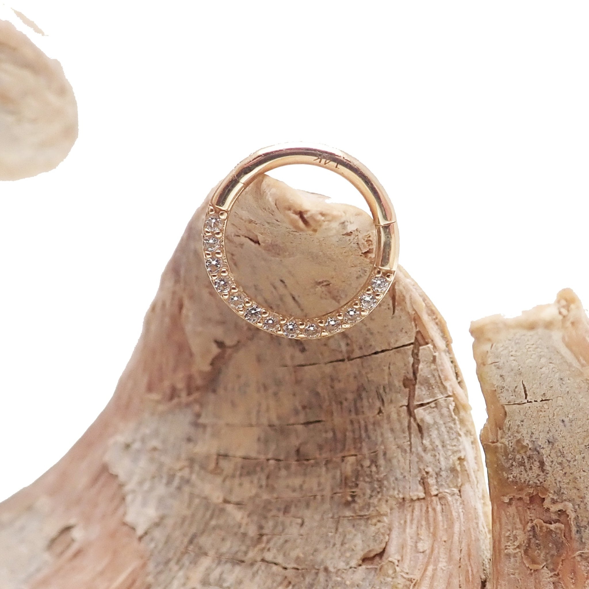 CZ crystal 14k gold hinged clicker body jewelry with 8mm size, featuring a secure hinged design and sparkling CZ stones.