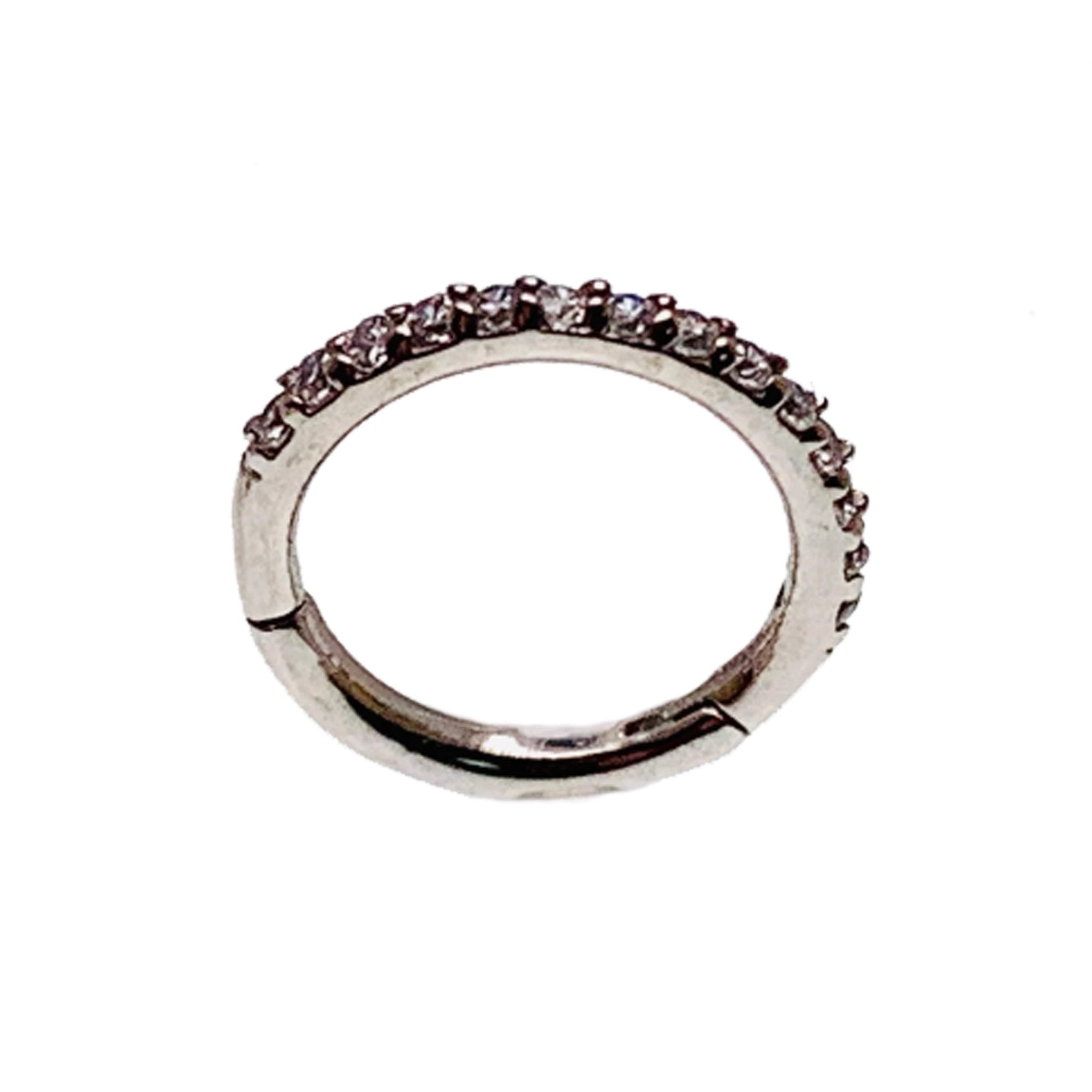 CZ crystal 14k white gold hinged clicker ring for body jewelry, showcasing the sparkling 8mm round gemstone and sleek design.