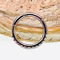 CZ Crystal 14k white gold hinged 8mm clicker ring for body jewelry with sparkling crystal accents and smooth hinge closure.