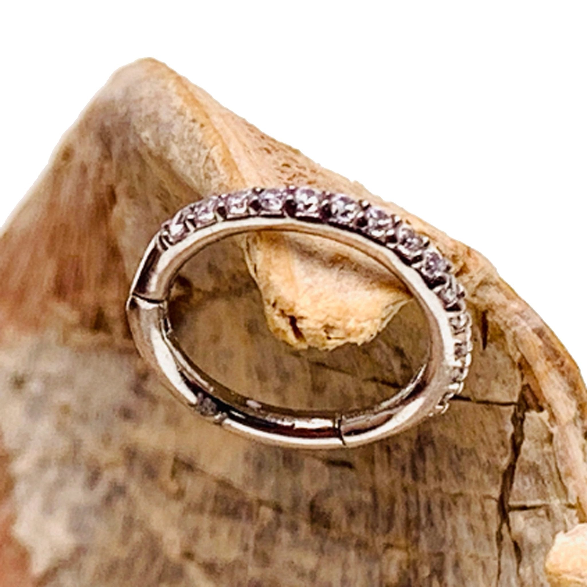 CZ Crystal 14k white gold hinged 8mm clicker ring for body jewelry, featuring sparkling crystals and a sleek design.