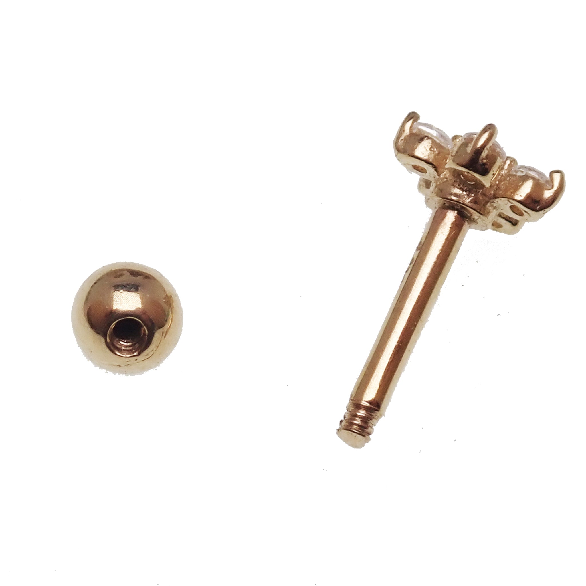 CZ Flower 14k Gold Barbell body jewelry with sparkling CZ stones, 16g, featuring a floral design from Body Clickers.