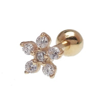 CZ Flower 14k gold barbell with CZ stones, 16g body jewelry by Body Clickers, featuring a floral design and sparkling accents.