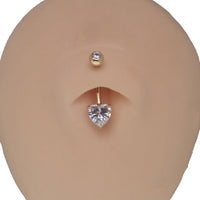 CZ Heart 14k gold belly bar body jewelry by Body Clickers, featuring a sparkling heart-shaped charm and a 14g gauge.