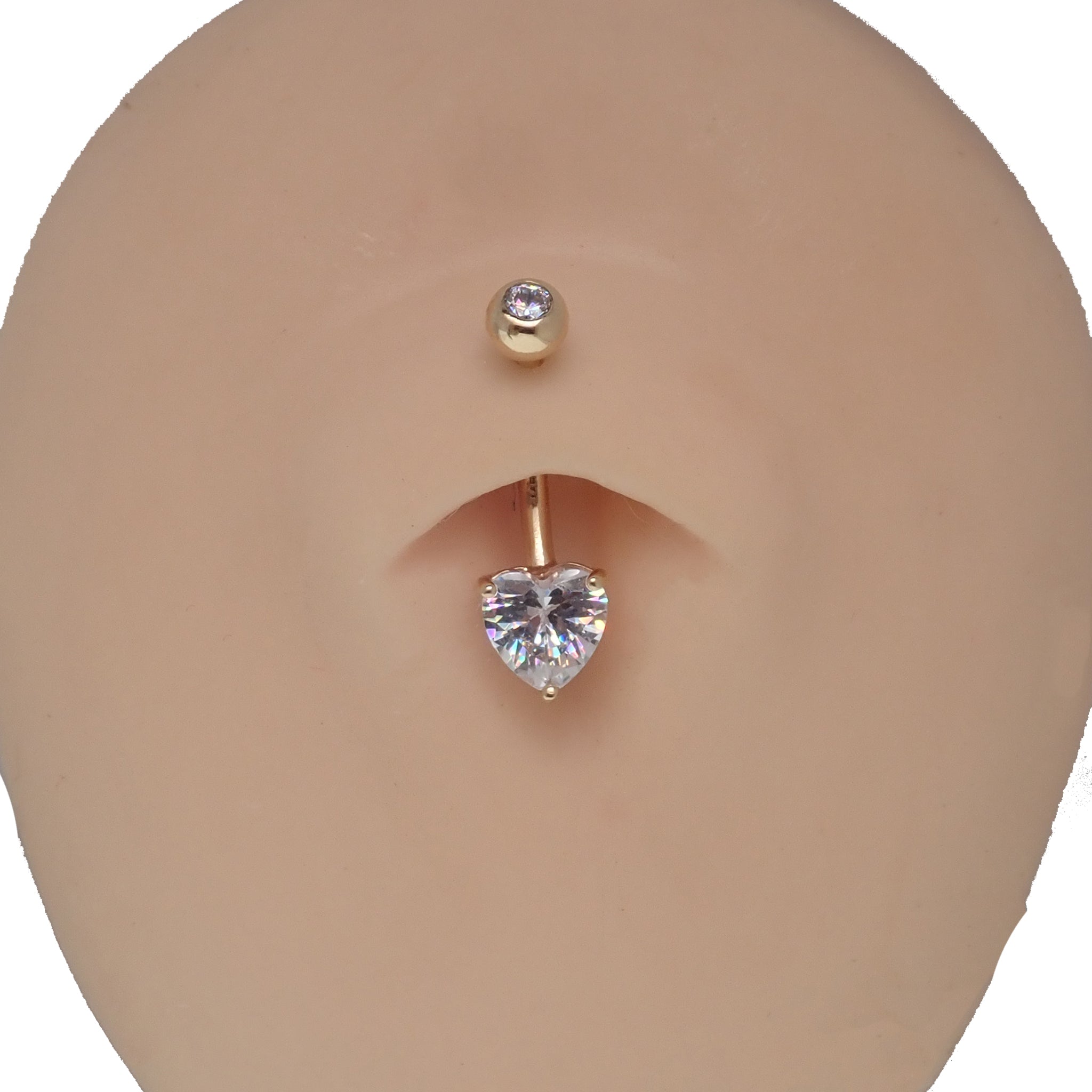 CZ Heart 14k gold belly bar body jewelry by Body Clickers, featuring a sparkling heart-shaped charm and a 14g gauge.