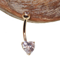 14k gold CZ heart belly bar body jewelry with 14g gauge, featuring a sparkling heart charm for navel piercing.