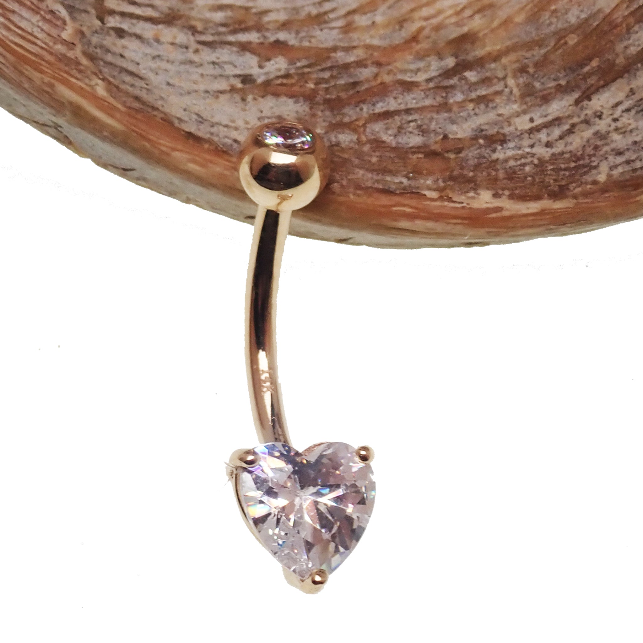 14k gold CZ heart belly bar body jewelry with 14g gauge, featuring a sparkling heart charm for navel piercing.