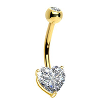 14k gold CZ heart belly bar body jewelry with a decorative heart charm and 14 gauge thickness.