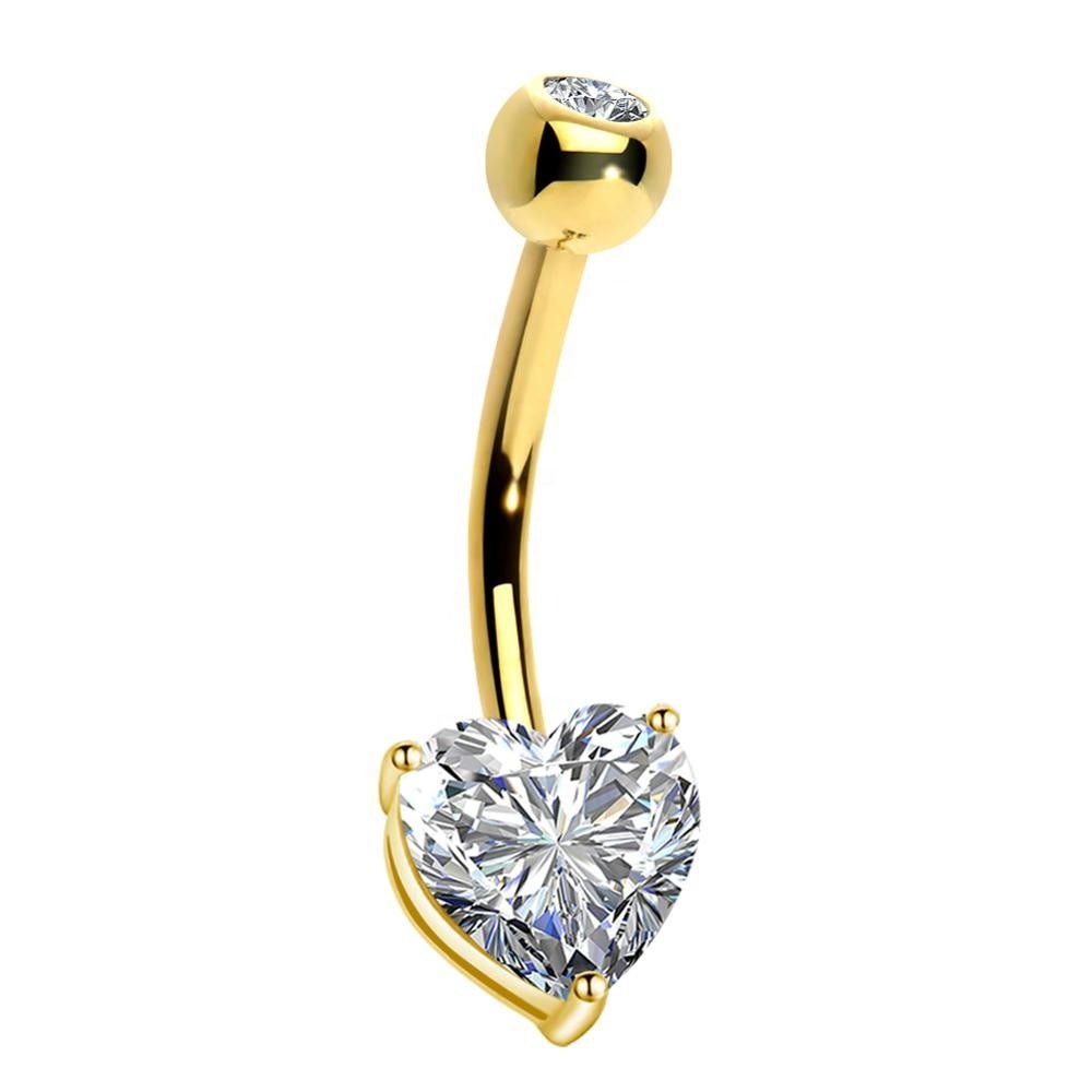 14k gold CZ heart belly bar body jewelry with a decorative heart charm and 14 gauge thickness.