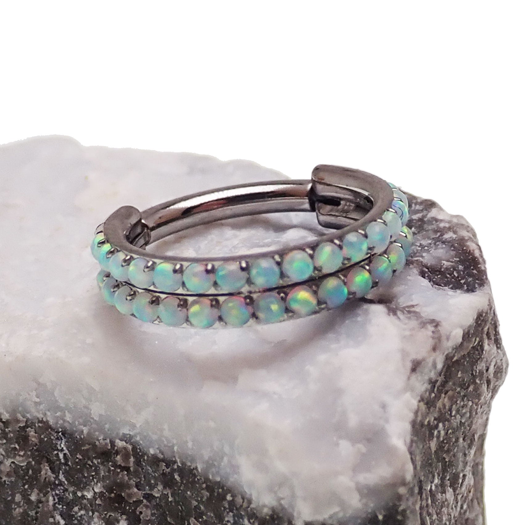 Double row opal clicker body jewelry in 16g with sparkling opal stones, designed by Body Clickers for stylish body adornment.